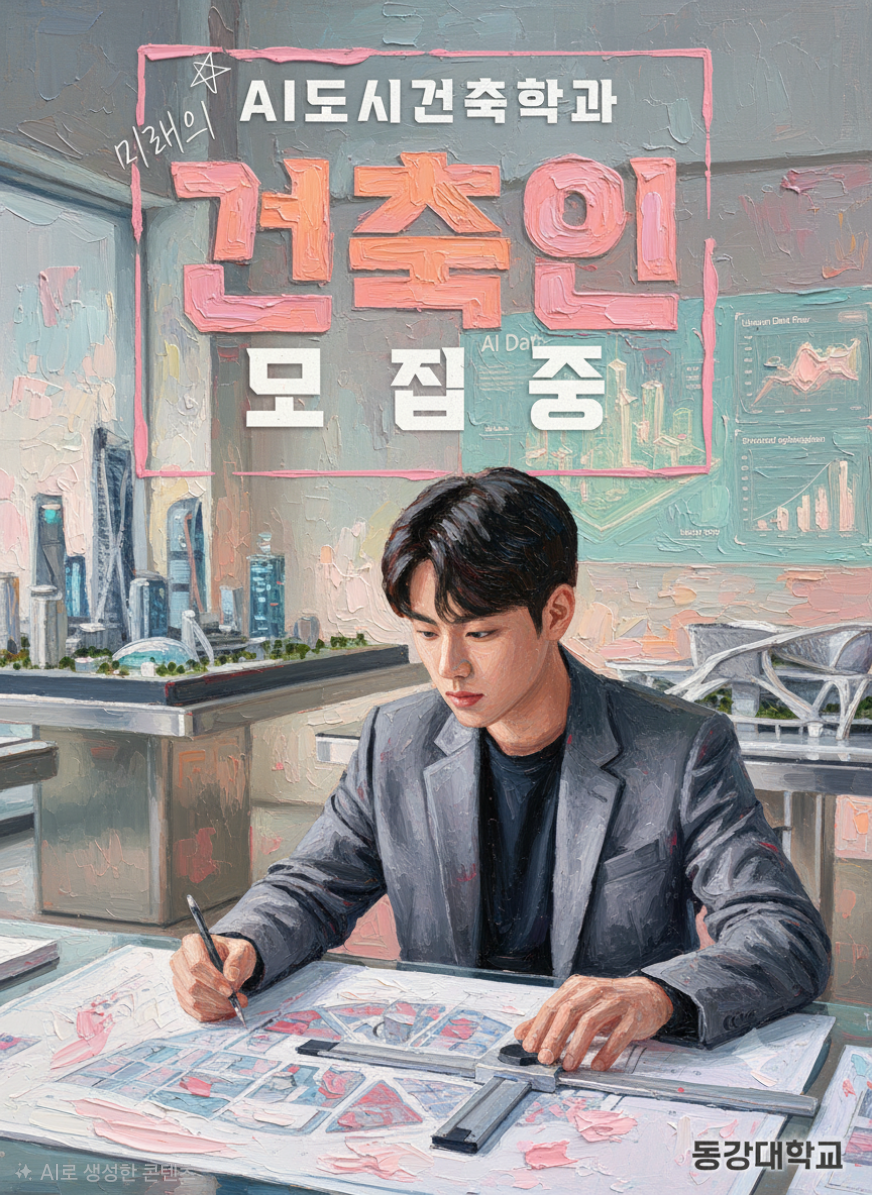 AI도시건축학과 신입생 모집 포스터와 설계 도면을 그리는 학생